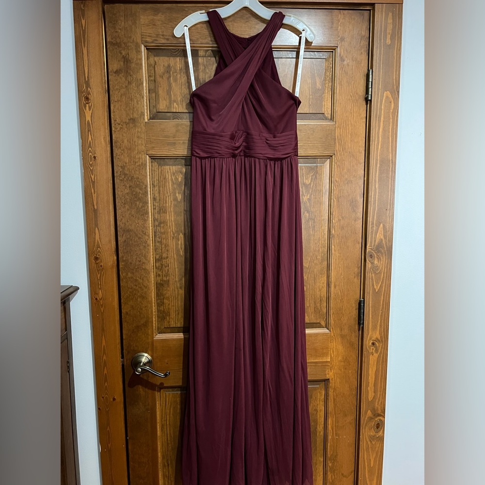 crisscross high-neck mesh bridesmaid dress